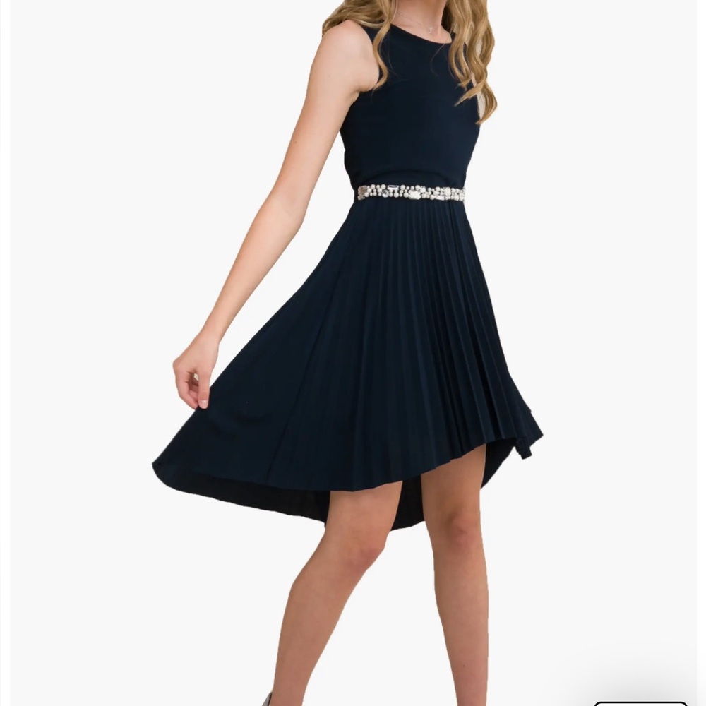 Pleated high-lo Navy Sleeveless Dress with removable jewel belt